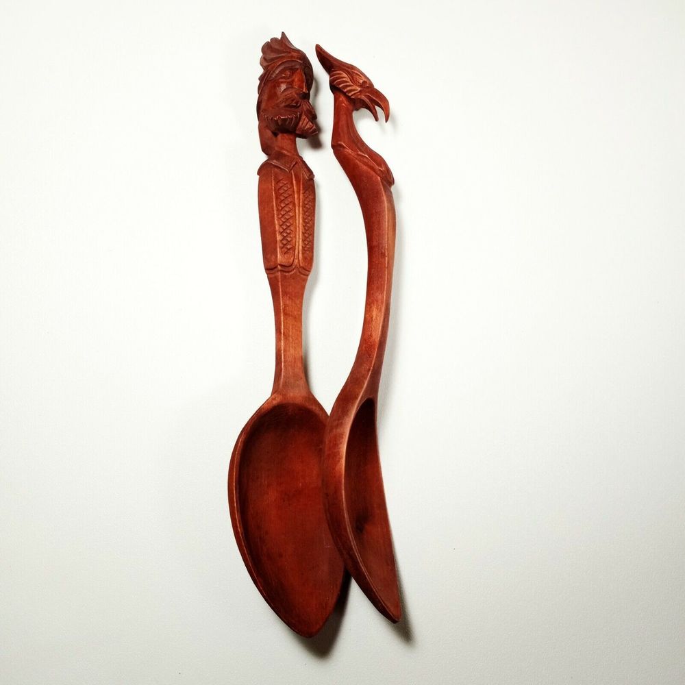 2 Carved MEDIEVAL Style Head Wood Spoons Wall Art 12 3/4 in.